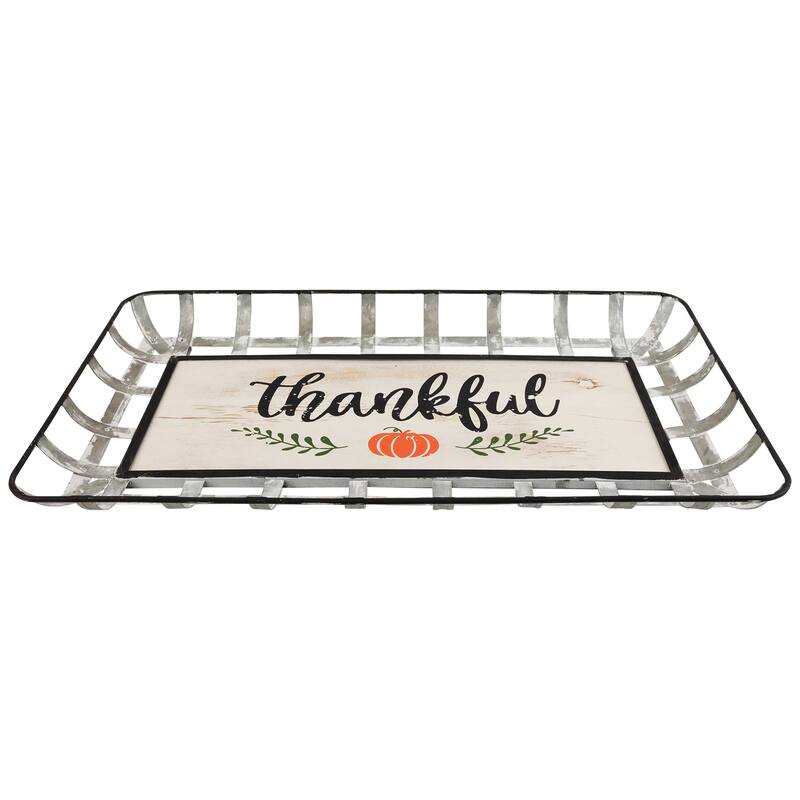 24" Silver and White With a Pumpkin "Thankful" Rectangular Fall Serving Tray Sign