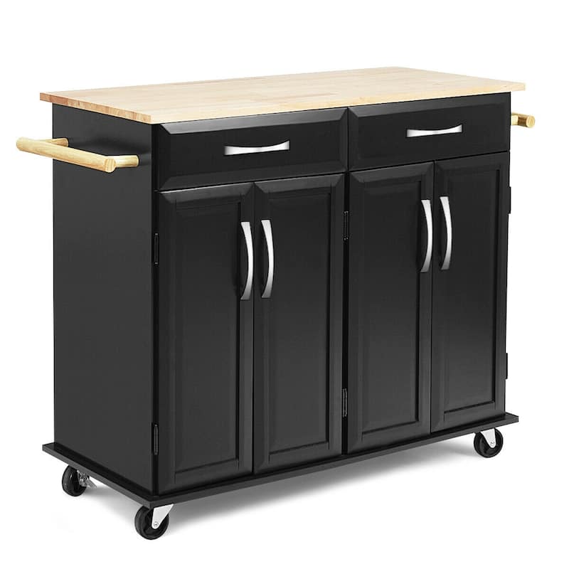 Costway Rolling Kitchen Trolley Island Black Cart Wood Top Storage