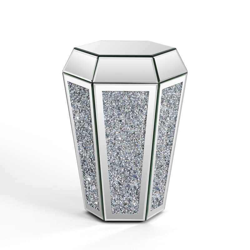Hexagonal Mirror Top End Table with Crystal-Inlaid