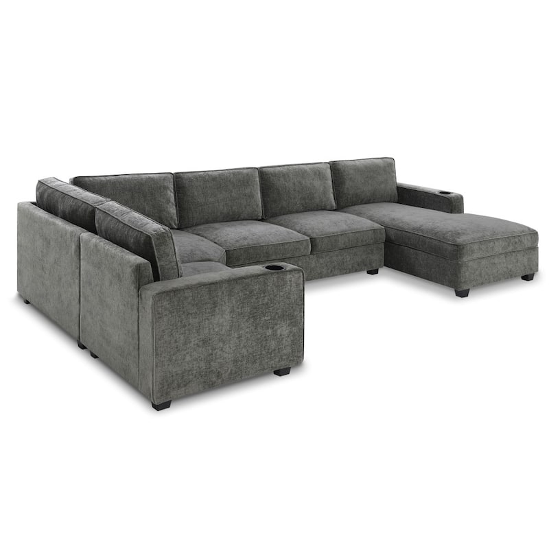 119" Modern Oversized Chenille U-shaped Sectional Sofa with Chaise Lounge with Cup Holders for Living Room