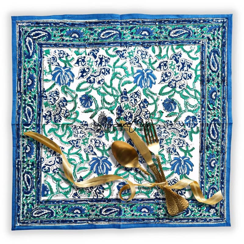 Block Print Cotton Verdant Floral Paisley Tablecloth Collection - Set of 4 Napkins
