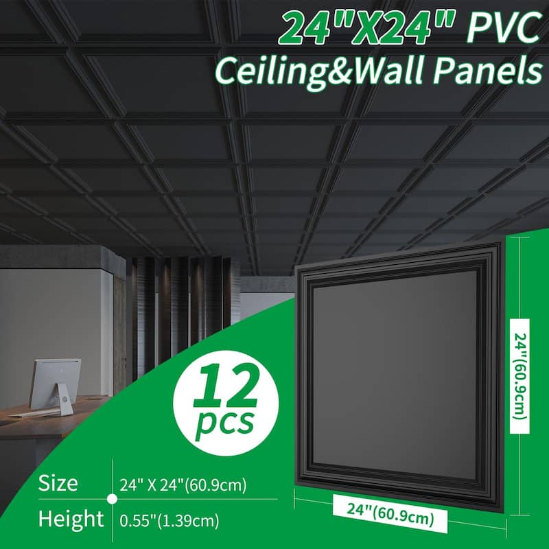 Art3d 12pcs PVC 3D Wall Panels Ceiling Tiles 24"x24" Cover 48 Sq.Ft.