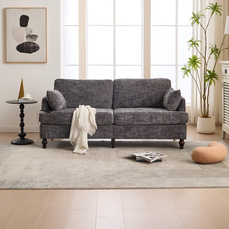 Modern Chenille 2-Seater Wood-Legged Sofa with LED light, USB Charging Port and Storage Bag