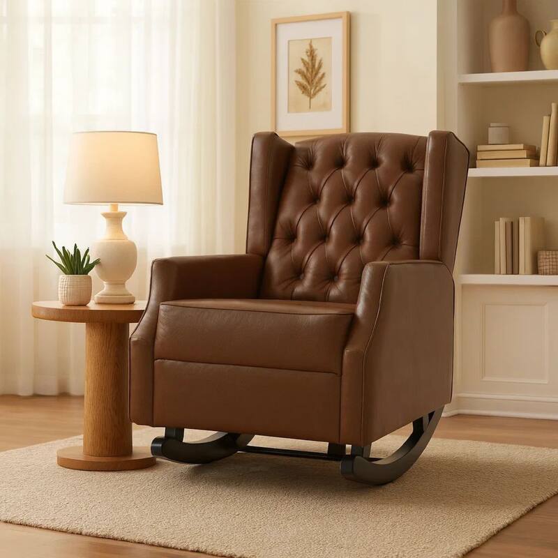Zyna Rocking Chair, Gentle Motion, Brown Waffle Stitch Faux Leather