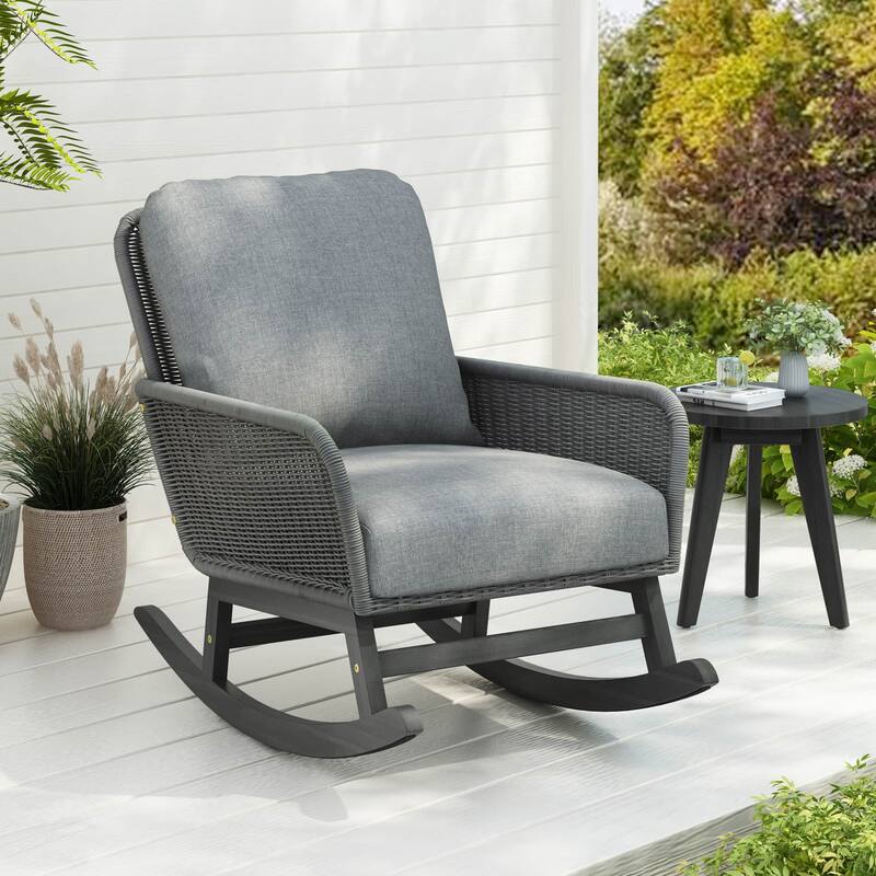 Indoor and Outdoor Wicker Rocking Chair with Cushions and Wooden Frame - Grey