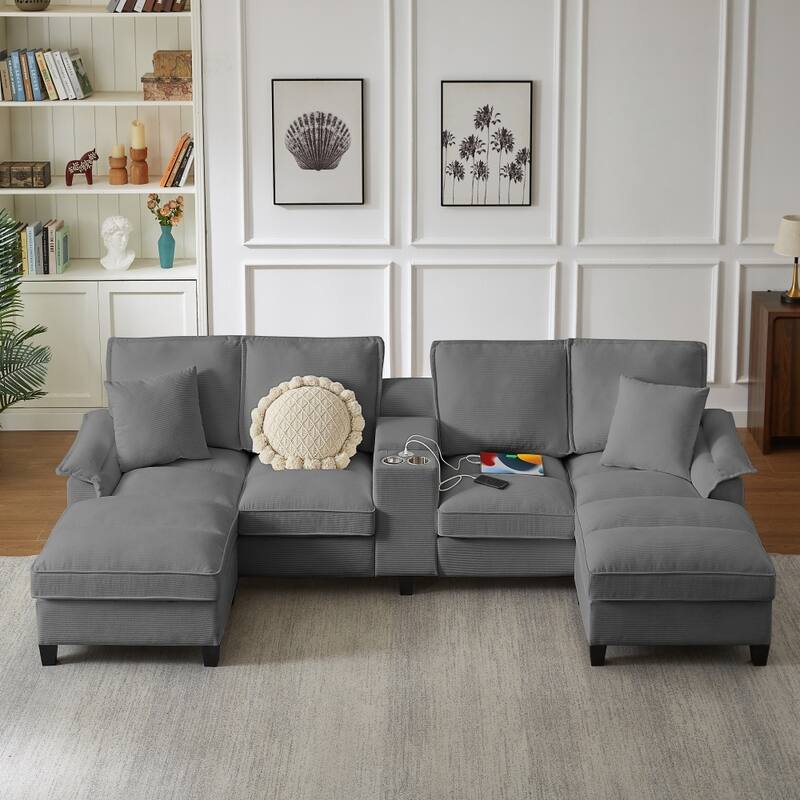 121.2" Modular Corduroy Sectional Sofa with Storage Console and Chaise Footrests