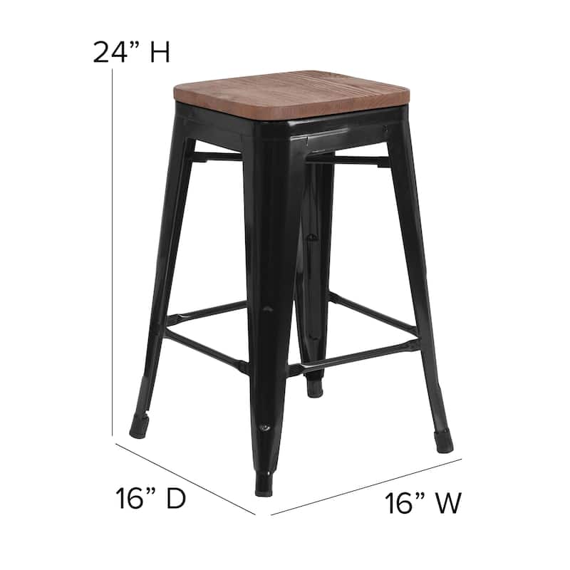 24" High Backless Metal Counter Height Stool with Square Wood Seat