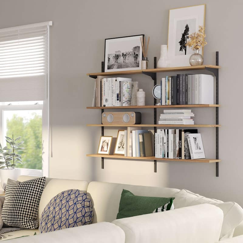 Wallniture Turin 48" Adjustable Shelves, Floating Bookshelves for Wall Decor, Real Wood Boards, Wall Mounted, 2,3 or 4 Tier - 4 Tier