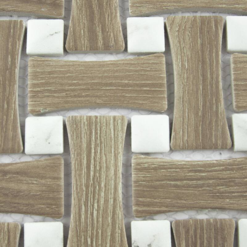 Merola Tile Llama Dog Bone Basketweave Noce/Calacatta Dot 10" x 10" Porcelain Mosaic Floor and Wall Tile