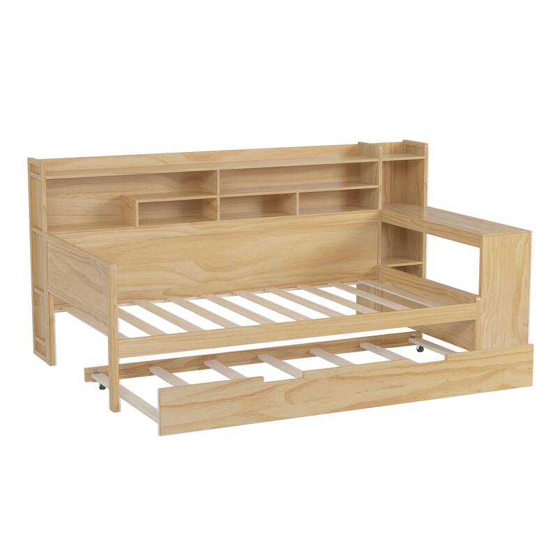 Multifunctional Wooden Daybed with Storage Shelves, Trundle, and Study Desk by Harper&Bright Designs