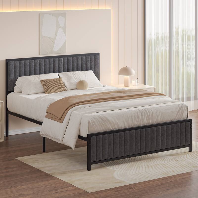 VECELO Upholstered Bed Frame with Tufted Headboard & Footboard Heavy Duty Steel Slats Platform No Box Spring Needed