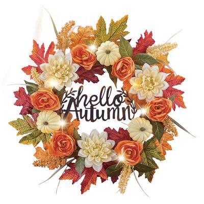 Metal Hello Autumn Sign LED Lighted Fall Wreath