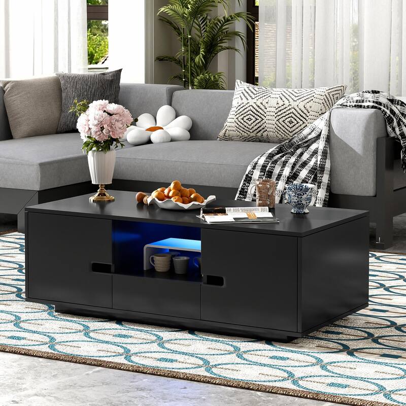 Modern High Glossy Rectangle Coffee Table with 16 Color LED Lights - Black
