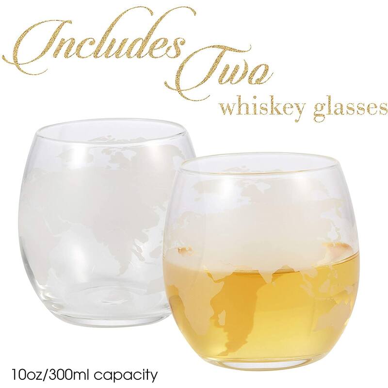 Berkware Globe Etched Whiskey Decanter With Interior Hand-Crafted Glass Ship - Gift Set with Globe Glasses