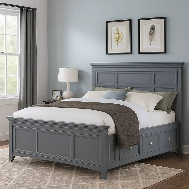 Lile King Bed with Crown Moulding, Storage Drawers, Gray Solid Wood