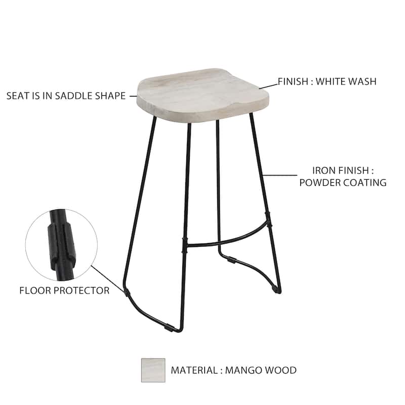 Tiva 30 Inch Handcrafted Backless Barstool, Whitewashed Mango Wood Saddle Seat, Black Metal Base