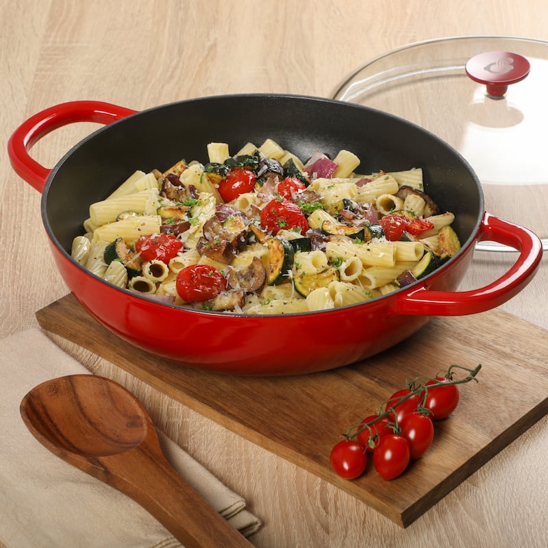 Crock Pot Artisan 5 Quart Cast Iron Braiser Everyday Pan With Borasilicate Lid - Red