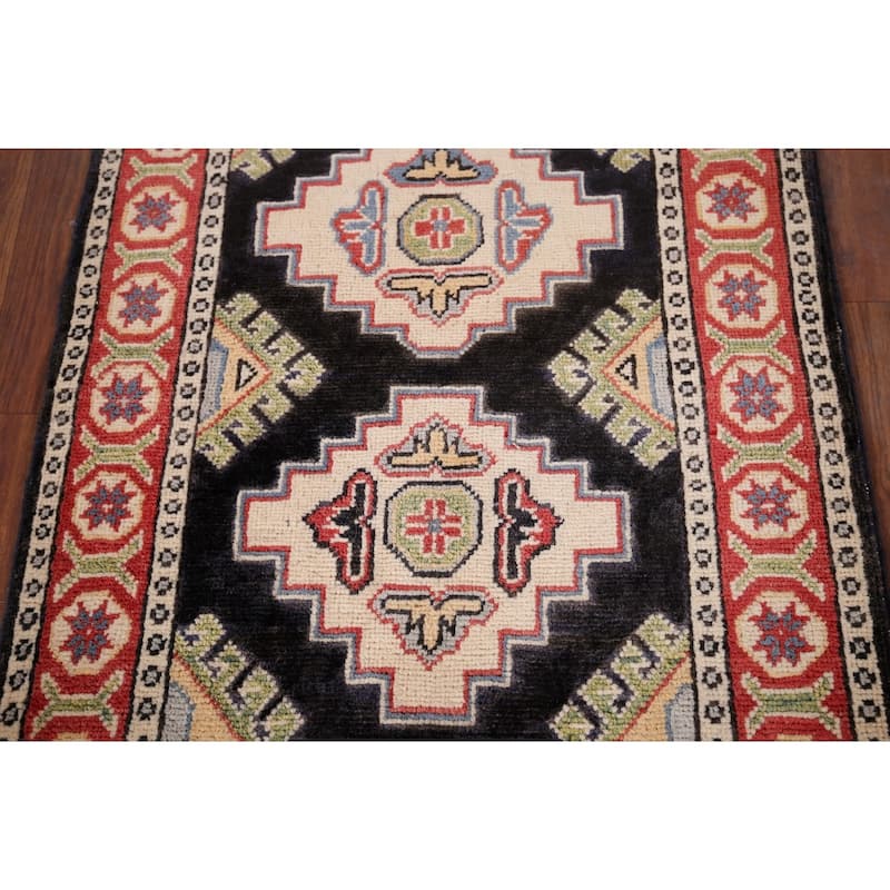 Black Geometric Kazak Oriental Foyer Rug Hand-Knotted Wool Carpet - 2'1" x 2'8"