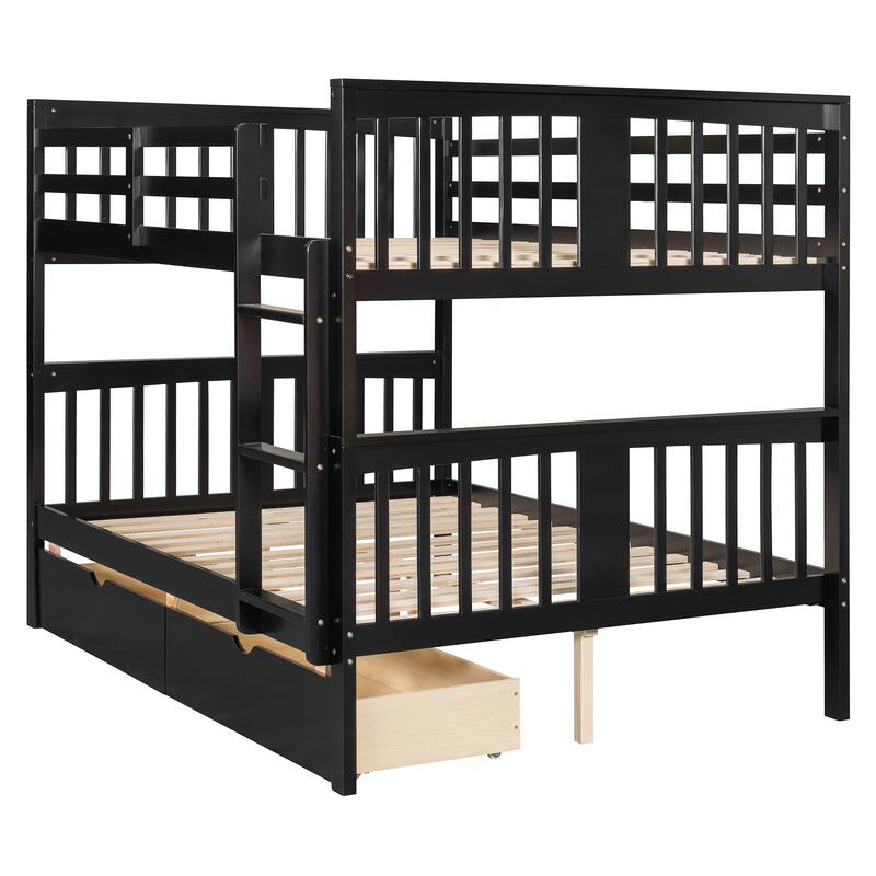 Full Over Full Bunk Bed with Drawers and Ladder, Space-Saving Bedroom Furniture in Espresso