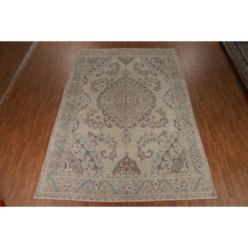 Medallion Tabriz Persian Rug Beige Hand-Knotted Wool Carpet - 9'6"x 13'3"
