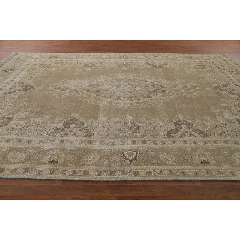 Distressed Tabriz Vintage Persian Rug Hand-Knotted Brown Wool Carpet - 9'6" x 13'3"