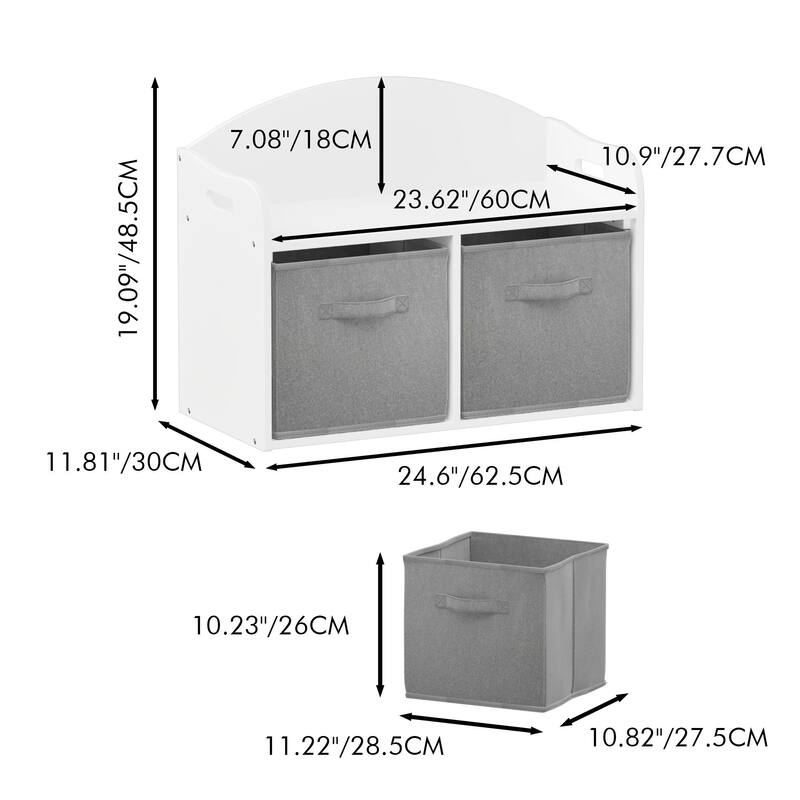 Anmytek White Storage Bench with Fabric Bins Kids Toy Organizer Entryway Seating