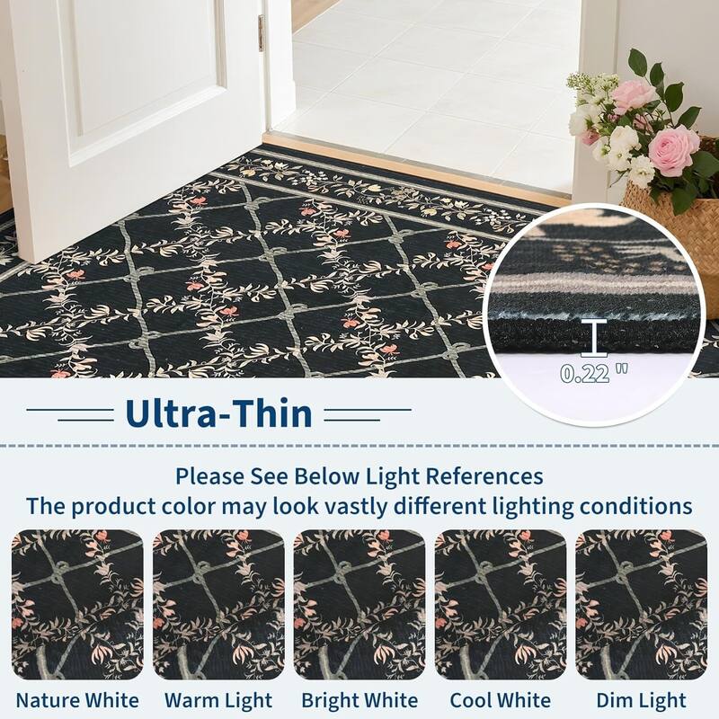 Floral Neutral Washable Hallway Low Pile Area Rug for Bedroom, Living Room, Black - 2' x 3'