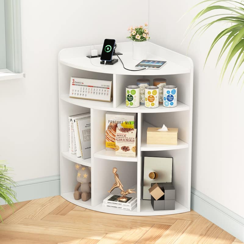 VECELO 4-Tier Adjustable Corner Bookshelf with Charging Station 3 AC Outlets & 2 USB Ports Waterproof Eco-Friendly Design