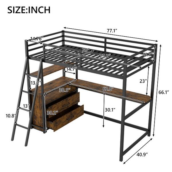 Twin Size Metal&Wood Loft Bed Frame with Desk, Shelves & 2 Big Built-in Drawers, LED Light and USB Charging Station for Bedroom