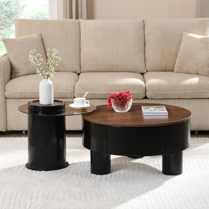 Modern Round Nesting Coffee Tables – Set of 2 with Storage Drawer (Black Plastic, Large: 27.56" & Small: 19.69")‌