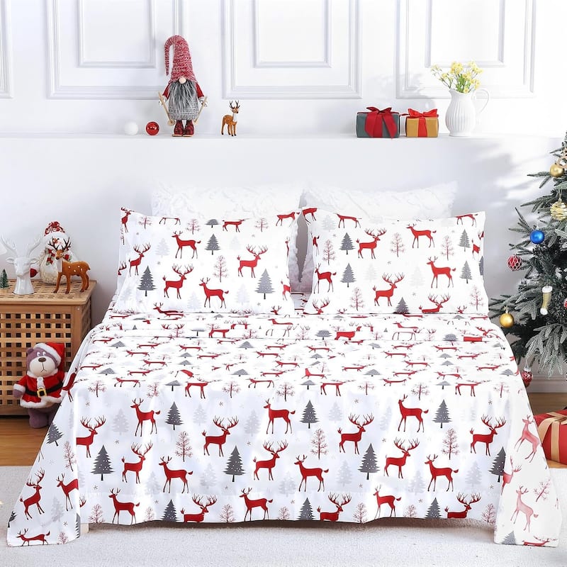 Christmas Winter Holiday Bed Sheets Set with 16 Inches Deep Pocket - King