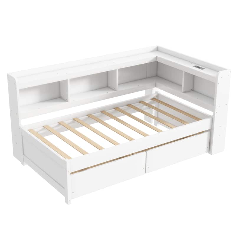 Twin Size Daybed with Bookcase and Headboard, Built-in USB Charging Ports, Storage Drawers and L-Shaped Bookshelf, Teens, Adults