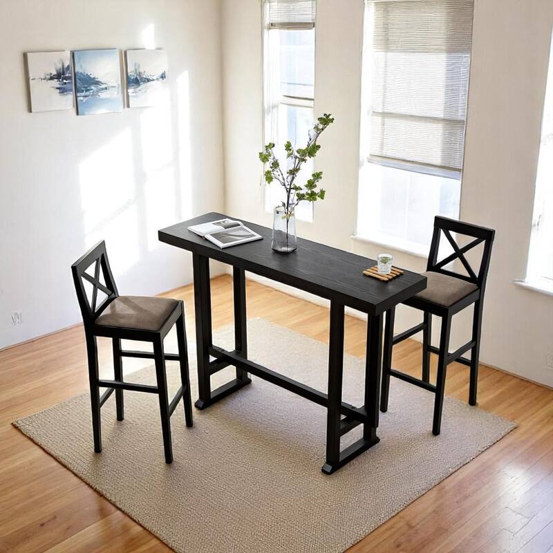 3-Piece High Top Bar Table and Chair Set, Solid Wood Frame Pub Table for Dining Room, Kitchen, 74" Rectangular Design