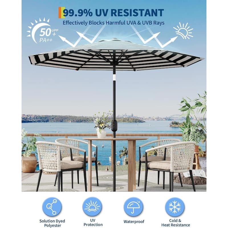 Coromose 9FT Outdoor Patio Umbrella, 8 Sturdy Ribs, for Garden, Poolside, Deck - Light blue & White Stripe