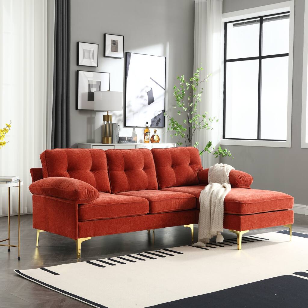 Classic Design L-Shaped Sofa, Chenille Fabric, Metal Legs, Red