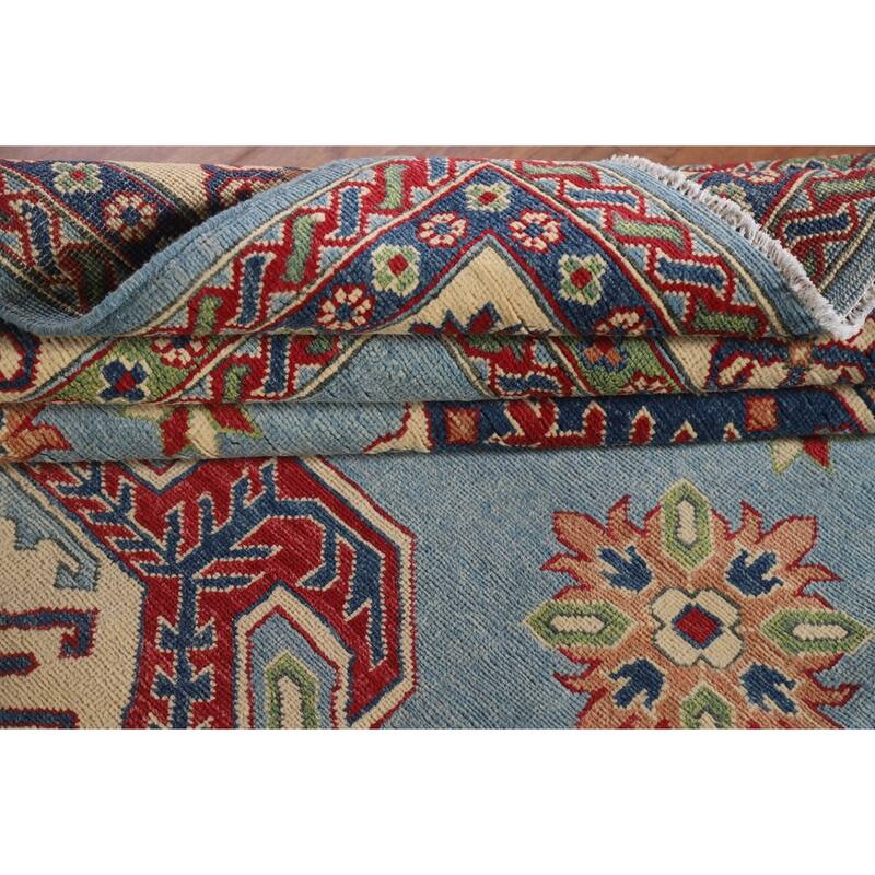 Hand Knotted Oriental 100% Wool Carpet Traditional Geometric Navy Blue & Blues Kazak Area Rug - 10' 0'' X 6' 9''