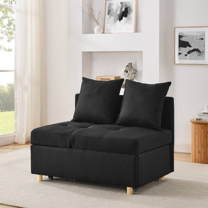 Roomfitters Convertible Sleeper Sofa Chair with Adjustable Backrest, Pullout Bed and Wheels, Linen Fabric - Black