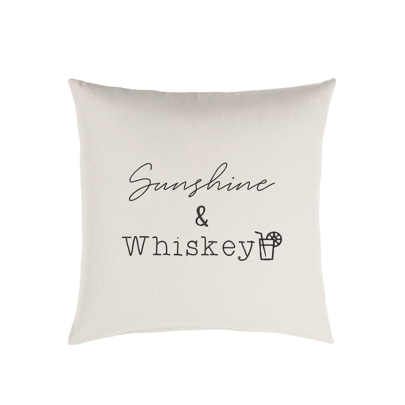 Sunbrella Indoor/Outdoor Single Embroidered Pillow - "Sunshine & Whiskey" - 18" x 18" - 18" x 18" - Canvas Natural