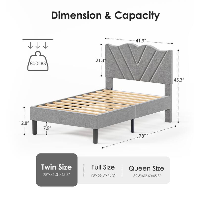Upholstered Platform Bed, Full Size, Grey with Padded Headboard & Heavy-Duty Metal Frame