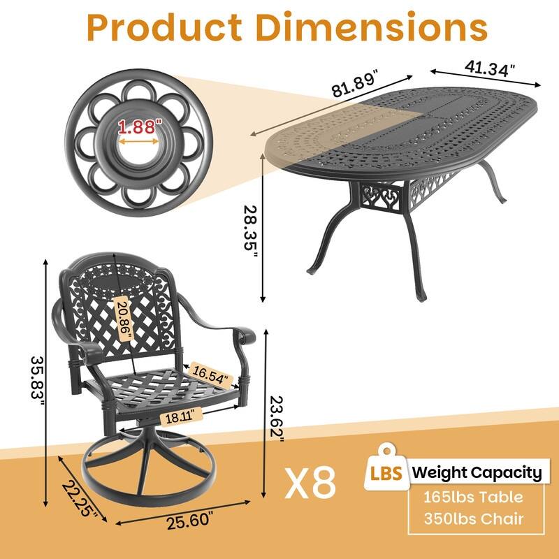 9-Piece Aluminum Oval Outdoor Patio Dining Set, 8 Cushioned Swivel Chairs, Table, All-Weather Frames