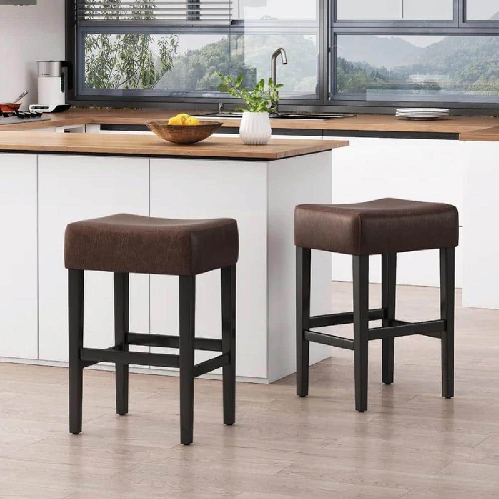 Set of 2 Backless Leather Barstools, 26.75" Counter Height