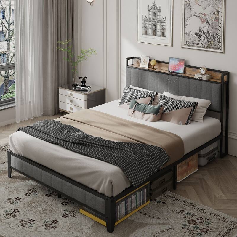 Grey Upholstered Queen Bed Frame with Charging Station and Metal Platform