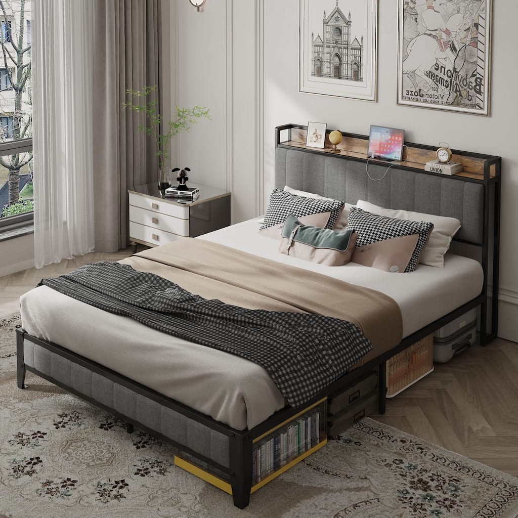 Industrial Style Metal Platform Bed Frame with Power Outlet & USB Ports, Upholstered Platform Bed with Headboard & Footboard