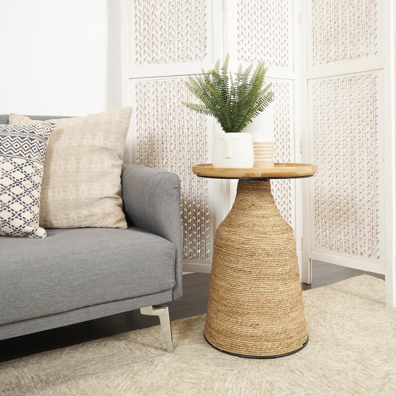 Dried Plant Handmade Wrapped Accent Table with Wood Tabletop - Brown - Roche River Decor
