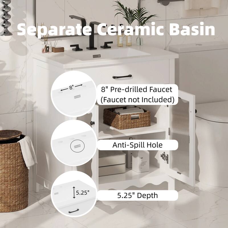 31" Bathroom Vanity with Tempered Glass, Ceramic Sink, Rubber Wood Legs & Soft-Close Doors