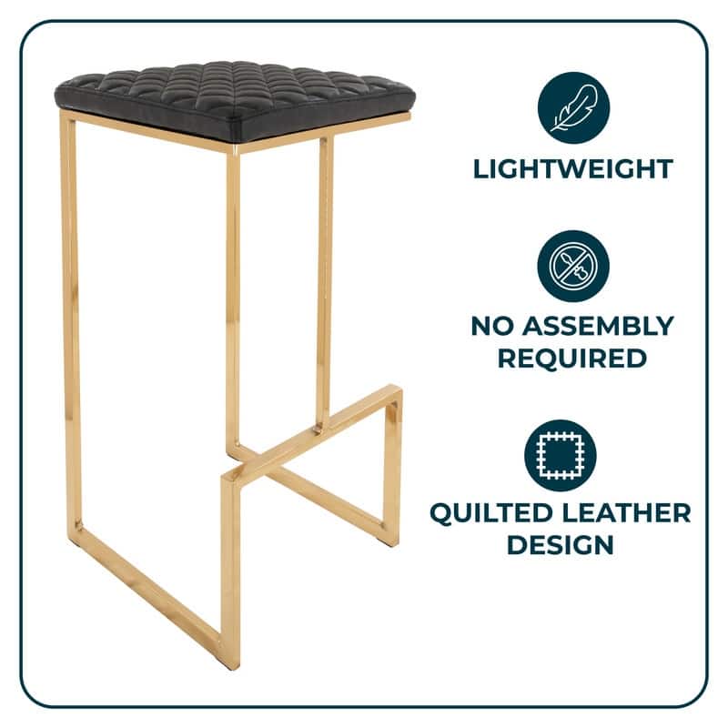 Quincy Modern Leather Barstool with Upholstered Square Seats in Gold Metal & Footrest for Home Bar & Kitchen Counter