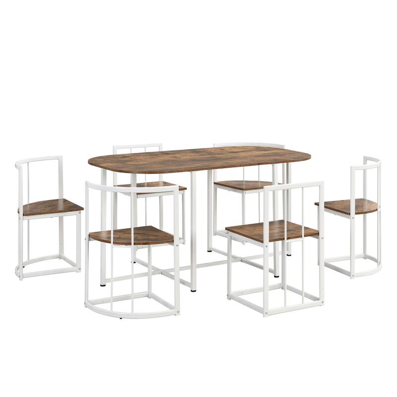 7-Piece Compact Dining Set for 6 with Faux Marble Table and Stylish Metal Frame Chairs, 55-Inch