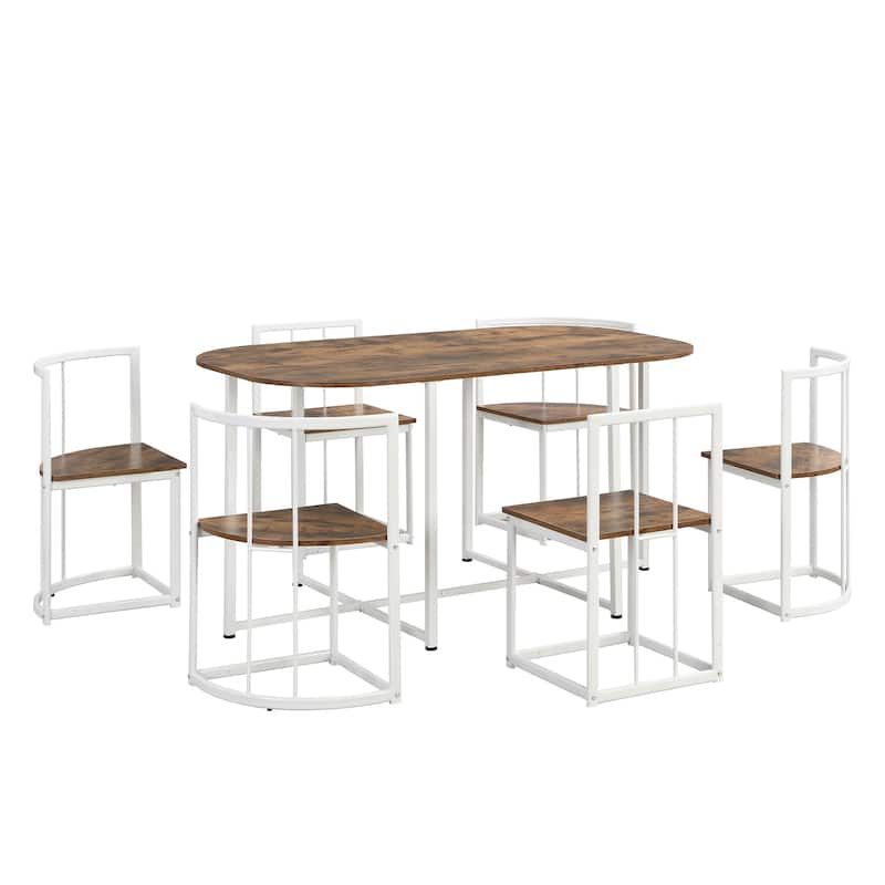 Modern 7-Piece Dining Table Set with Faux Marble Compact 55Inch Kitchen Table Set for 6