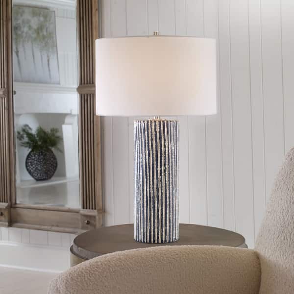 slide 2 of 8, Glazed Stripe Table Lamp with Round Drum Shade - 27.5" - Blue and White