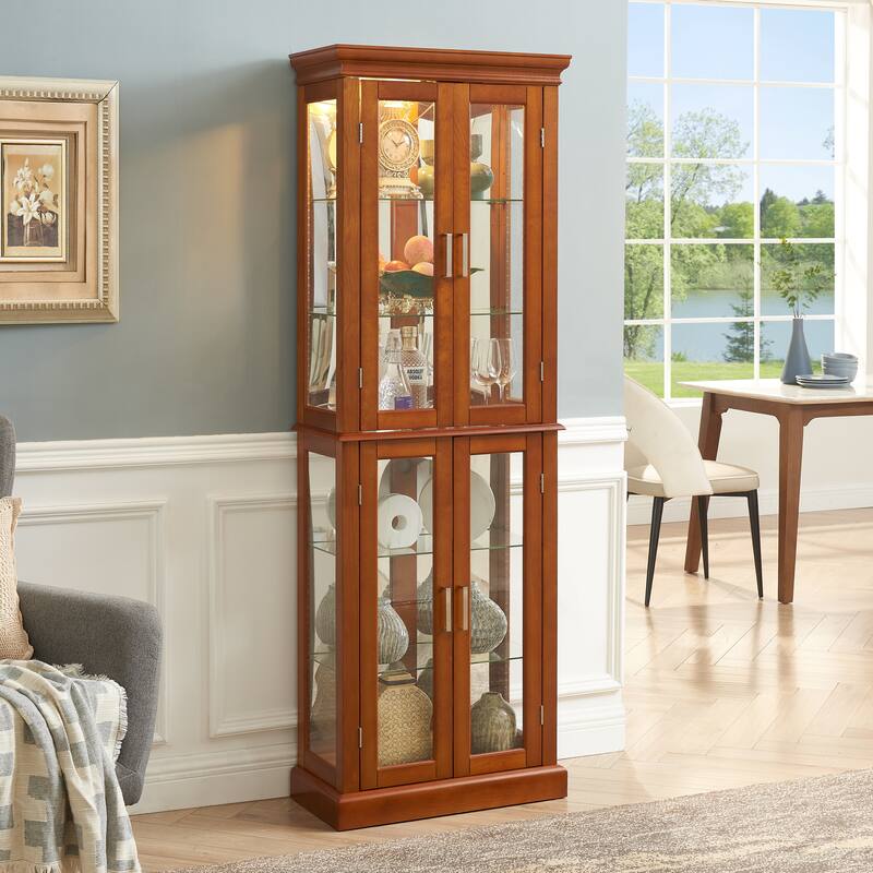 Curio Cabinet Lighted Curio Diapaly Cabinet with Adjustable Shelves and Mirrored Back Panel, Tempered Glass Doors - Walnut